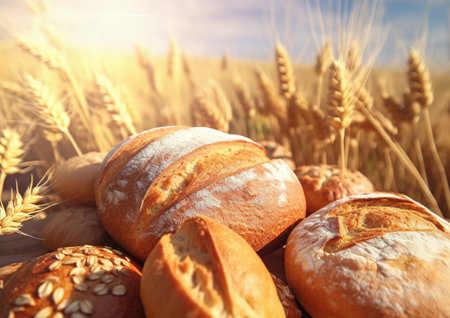 Loaves of fresh wheat bread on wheat field background.AI Generativeの素材