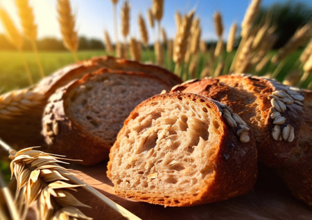 Pieces of fresh rye bread on rye field background.AI Generativeの素材