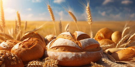 Loaf of freshly baked wheat bread with spica and wheat field background.AI Generativeの素材