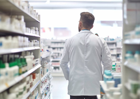 Male pharmacist consultant at pharmacy walking between shelves.AI Generativeの素材