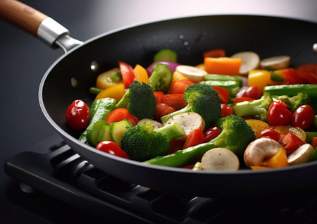 Broccoli,paprika pepper,carrots in frying pan on dark background.AI Generativeの素材