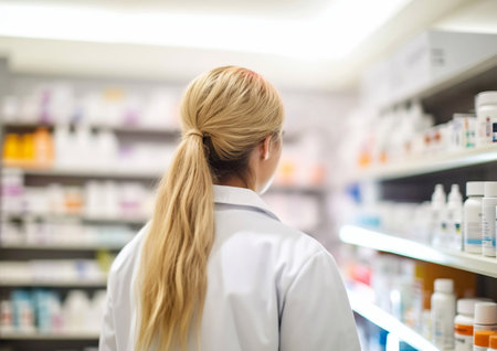 Young female pharmacist consultant at pharmacy between shelves with medicines.AI Generativeの素材
