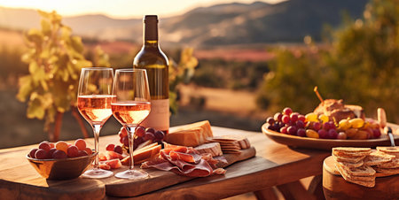 Bottle and glasses of pink rose wine with snack board on table on summer romantic evening.AI Generativeの素材