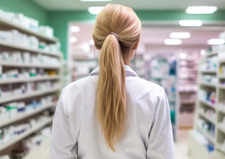 Young female pharmacist consultant at pharmacy between shelves with medicines.AI Generativeの素材