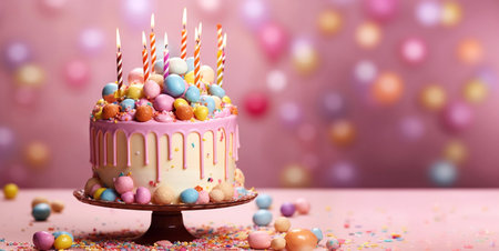 Colorful birthday cake with candles on cake stand and pink balloons background.AI Generative.の素材