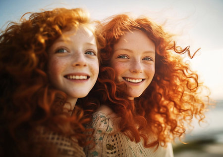 Happy joyful smiling sisters with curly red hair.AI Generativeの素材