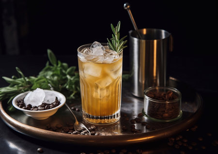 Highball glass with old fashioned cocktail and rosemary leaf with coffee beans on dark table.AI Generativeの素材