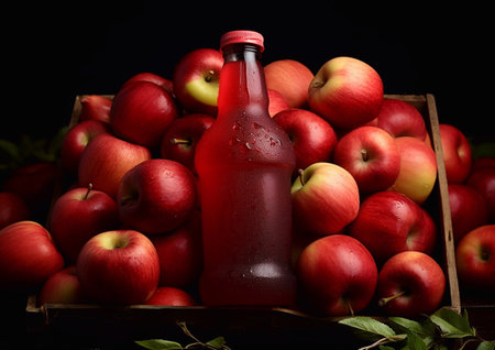 Red organic apple juice bottle with ripe apples in box on dark background.AI Generativeの素材