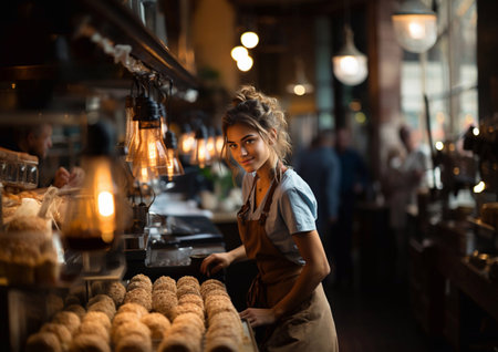 Young happy barista woman in modern cafeteria smiling to customers.AI Generativeの素材