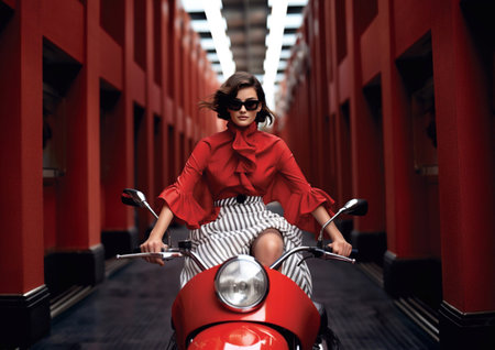 Beautiful woman model on red motorbike wearing fashion designer clothing and riding on empty street.AI Generativeの素材