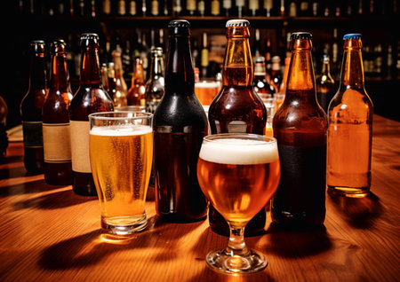 Bottles and glasses of various craft beer in large old pub.AI Generative.の素材