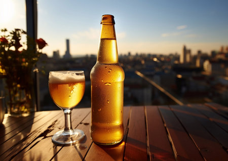 Bottle and glass of lager craft beer on table with city view.AI Generative.の素材