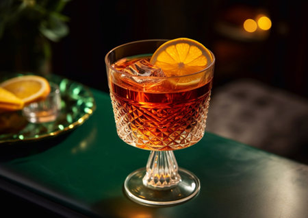 Negroni or spritz cocktail glass on green luxury marble table in evening lounge.AI Generativeの素材