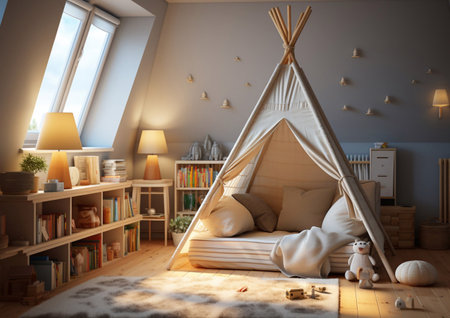 Cozy kids nursery room with furniture and toys and large winfow.AI Generative.の素材