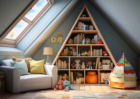 Cozy kids nursery room with bookshelf and sofa and various toys.AI Generative.の素材