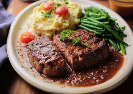 Plate with beef steak in gravy sauce with mashed potatoes and green boiled beans.AI Generative.の素材