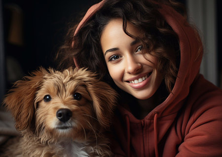 Young happy woman smiling and holding small dog.AI Generative.の素材