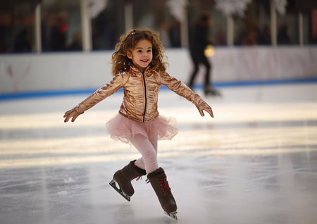 Cute happy little girl ice figure skater on outdoor ice skating arena.AI Generative.の素材