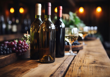 Large table with wine bottles in large winery vintage shop blurred background.AI Generative.の素材