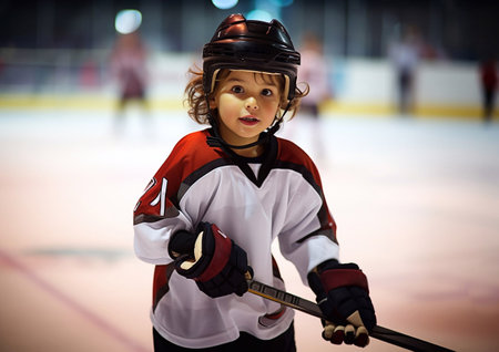 Little boy ice hockey player with hockey stick on large arena during training.AI Generative.の素材