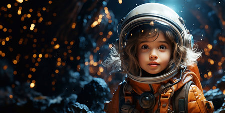 Cute little girl astronaut pilot in large helmet in futuristic space background.AI Generative.の素材