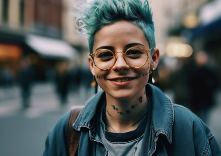 Stylish young beautiful non-binary person with blue hairstyle on street.AI Generative.の素材