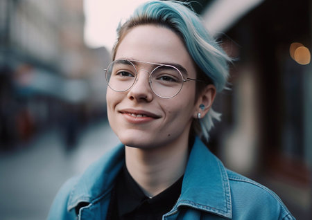 Stylish young beautiful non-binary person with blue hairstyle on street.AI Generative.の素材