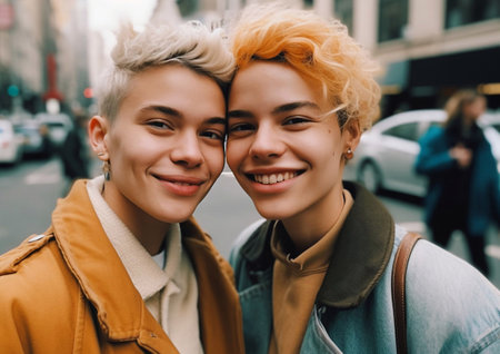 Street style portrait of stylish non-binary couple on city street.AI Generative.の素材