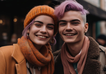 Street style portrait of stylish non-binary couple on city street.AI Generative.の素材