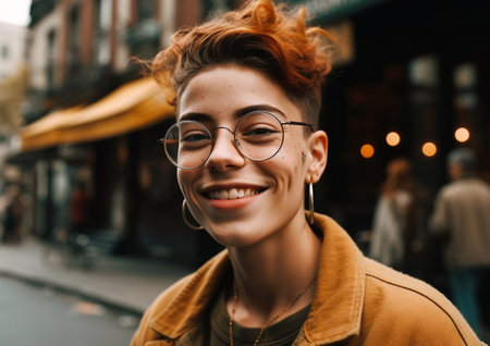 Young stylish non-binary person with cool hairstyle on street.AI Generative.の素材