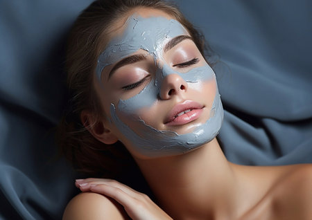 Beautiful young woman with purifying blue clay mask on her face on blue silk background.AI Generative.の素材