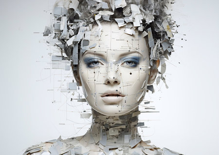 Fashion beauty futuristic beautiful woman as cyborg or robot future concept on light background.AI Generative.の素材