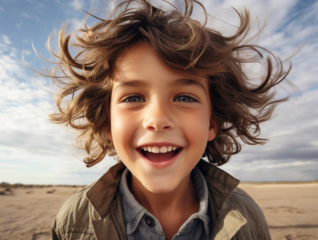 Cute curly smiling boy making photo on beach with sky and ocean view.AI Generative.の素材