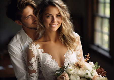 Husband and wife couple on romantic wedding day.AI Generative.の素材