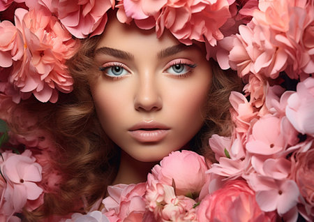 Fashion beauty portrait of beautiful woman with pink blossom flowers.AI Generative.の素材