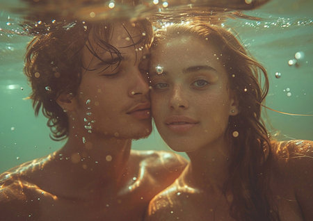 Portrait of young happy beautiful coupleunderwater in tropical sea and enjoying summer holiday.AI Generative.の素材