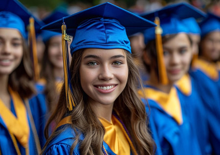 Happy students on college graduation day wearing graduation hat.AI Generative.の素材