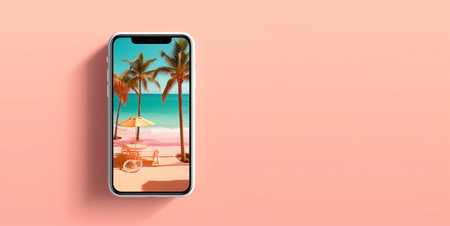 Summer holiday advertising with phone and picture of vacation resort with blue ocean and beach..AI Generativeの素材