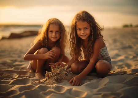 Happy little sisters playing with sand on sunny warm beach on summer vacation.AI Generative.の素材