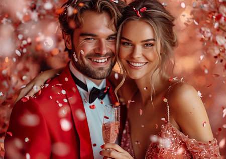 Beautiful couple with champagne and wearing red fashion outfit enjoying glamour party in night club.AI Generativeの素材