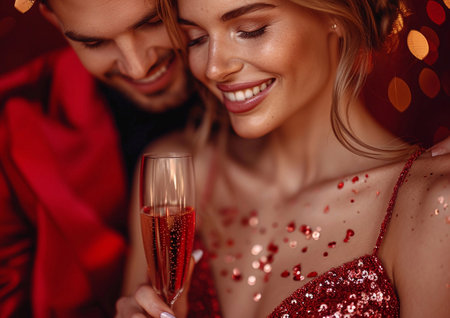 Happy couple wearing red fashion dress and tuxedo holding champagne glass on red lounge in night club.AI Generative.の素材