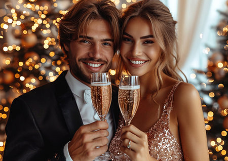 Happy beautiful couple with champagne glass celebrating Christmas or New Year or birthday party on golden bokeh background.I Generativeの素材
