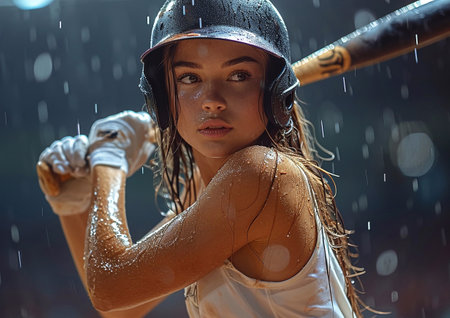 Young beautiful female baseball player in action with baseball bat during big match on rainy day.AI Generative.の素材