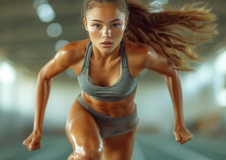 Beautiful young athletic woman with fit body during workout training moment.AI Generative.の素材
