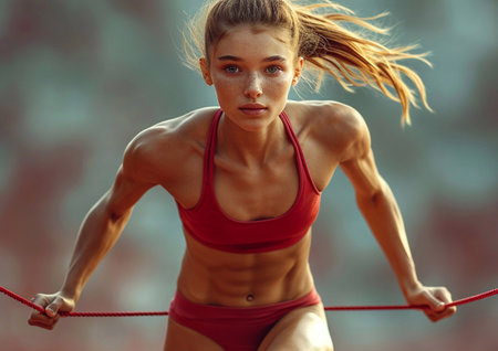 Training moment of young beautiful woman athlete with foth body wearing red sportwear.AI Generative.の素材