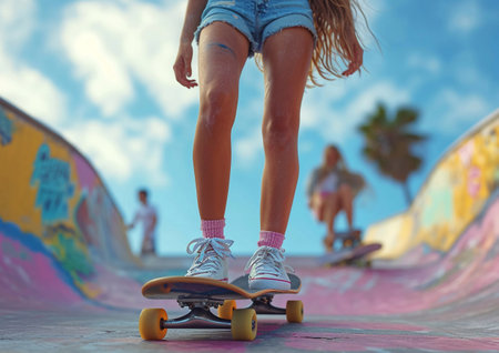 Photo of young woman on skateboard in skate park with jeans shorts and fit legs visible.AI Generative.の素材