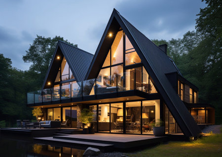 Large black wood house with terrace in modern design scandinavian style.AI Generative.の素材