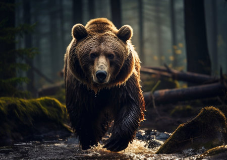 Wild grizzly brown mammal bear running in forest river.AI Generative.の素材