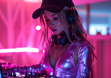 Young beautiful female dj in neon disco lights and futuristic outfit with playing set on techno trance nightclub party.AI Generative.の素材