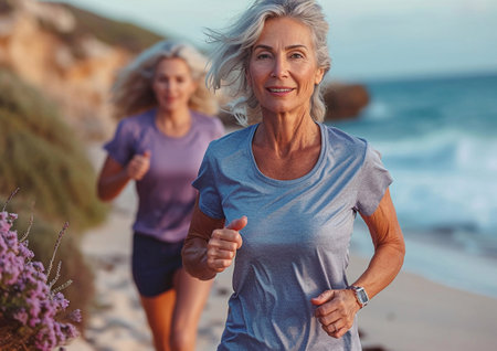 Mature woman running on the beach on sunny morning.Any age active lifestyle concept.AI Generative.の素材